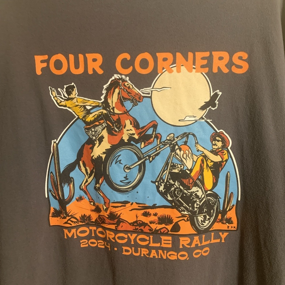 Mens Four Corners Bike Rally 2024 Durango Colorado Dual Graphic T-Shirt Gray 3XL - Picture 1 of 10